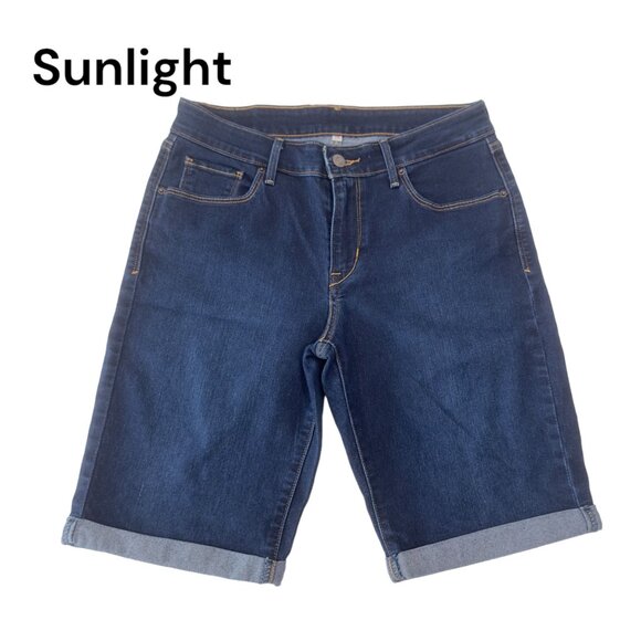 Levi's Women's Denim Bermuda Shorts W28 Rolled Hem Dark Blue 10 In Inseam - Picture 1 of 11